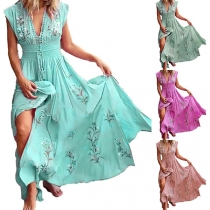 Bohemian Style Dep V-neck Slit Hem Sleeveless High Waist Embroidery Dress