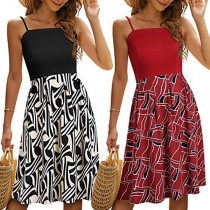 Sexy Backless Printed Spliced Hem High Waist Slim Fit Sling Dress