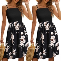 Sexy Backless Printed Spliced Hem High Waist Slim Fit Sling Dress