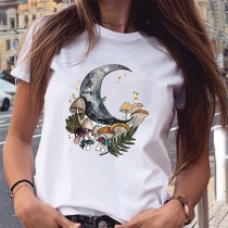 Casual Style Short Sleeve Round Neck Crescent Pattern T-shirt
