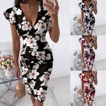 Sexy Deep V-neck High Waist Ruffle Cuff Slim Fit Printed Dress