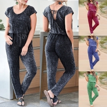 Fashion Tie-dye Printed Short Sleeve Round Neck Drawstring Waist Jumpsuit