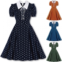 Retro Style Short Sleeve POLO Collar High Waist Dots Printed Dress
