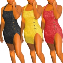 Sexy Backless Slit Hem Front-button Slim Fit Sling Plaid Dress