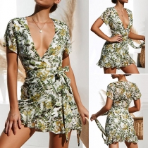 Sexy V-neck Irregular Ruffle Hem Short Sleeve Slim Fit Printed Dress