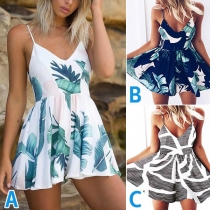 Sexy Backless V-neck High Waist Sling Printed Romper