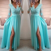 Sexy Lace Spliced Long Sleeve V-neck Slit Hem High Waist Party Dress