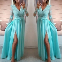 Sexy Lace Spliced Long Sleeve V-neck Slit Hem High Waist Party Dress