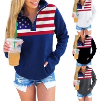 Casual Style Long Sleeve Stand Collar American Flag Printed Sweatshirt