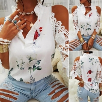 Sexy Off-shoulder Lace Spliced Short Sleeve Ruffle V-neck Printed Top