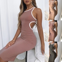 Sexy Hollow Out Sleeveless Round Neck Contrast Color Tight Dress