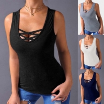 Simple Style Solid Color Crossover U-neck Slim Fit Tank Top