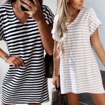 Casual Style Short Sleeve V-neck loose Striped T-shirt Dress