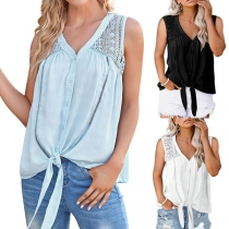 Fashion Solid Color Sleeveless V-neck Knotted Hem Lace Spliced Top
