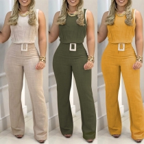 OL Style Sleeveless Round Neck Solid Color Top + Pants Two-piece Set