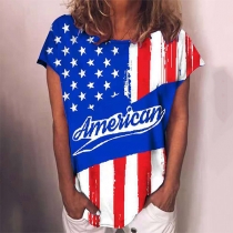 Casual Style Short Sleeve Round Neck American Flag Printed Loose T-shirt