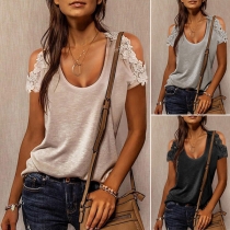 Sexy Off-shoulder Lace Spliced SHort Sleeve Round Neck Solid Color T-shirt