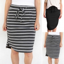 Casual Style Drawstring High Waist Stripe Skirt