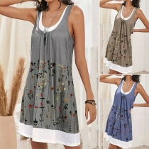 Simple Style Sleeveless Round Neck Mock Two-piece Printed Dress