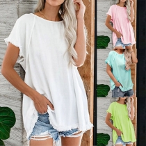 Fashion Solid Color Tassel Short Sleeve Round Neck Loose T-shirt