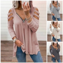 Sexy Hollow Out Long Sleeve Zipper V-neck Solid Color Loose T-shirt