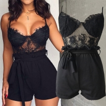 Sexy Backless V-neck Hollow Out Lace Spliced High Waist Sling Romper