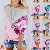 Fashion Boat Neck 3/4 Sleeve Contrast Color Tie-dye Printed Loose T-shirt