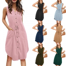 OL Style Sleeveless V-neck Single-breasted Solid Color Dress