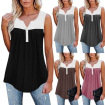 Casual Style Sleeveless V-neck Contrast Color Loose Top Tank Top