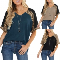 Fashion Contrast Color Leopard Spliced Short Sleeve V-neck Loose T-shirt