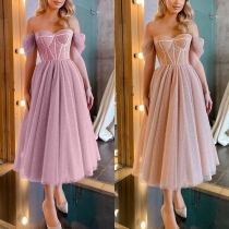 Sexy Off-shoulder High Waist Sequin Spliced Gauze Princess Dress