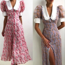Sweet Style Puff Sleeve Doll Collar Slit Hem High Waist Printed Dress