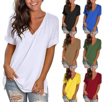 Casual Style Short Sleeve V-neck Solid Color Loose T-shirt
