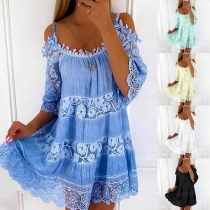 Sexy Off-shoulder Lace Spliced Short Sleeve Solid Color Sling Dress