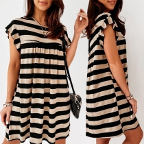 Casual Style Ruffle Cuff Round Neck Loose Striped Dress