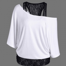 Fashion Dolman Sleeve Lace Spliced Mock Two-piece T-shirt