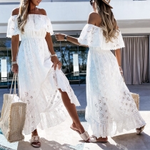Bohemian Style Off-shoulder Boat Neck Irregular Hem High Waist Lace Dress