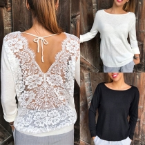 Sexy Backless Long Sleeve Round Neck Lace Spliced T-shirt