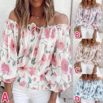 Sexy Off-shoulder Boat Neck Puff Sleeve Loose Printed Chiffon Top