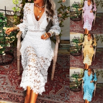 Sexy Deep V-neck Trumpet Sleeve Slim Fit See-through Lace Dress