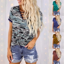 Fashion Short Sleeve V-neck Camouflage Printed Loose T-shirt