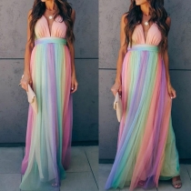 Sexy Backless Deep V-neck High Waist Rainbow Gauze Party Dress