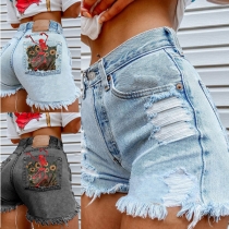 Chic Style Flower Printed High Waist Frayed Hem Denim Shorts