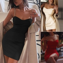 Sexy Backless Low-cut V-neck Solid Color Slim Fit Chain Sling Dress