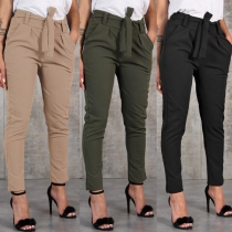 Fashion Solid Color High Waist Lace-up Slim Fit Pants