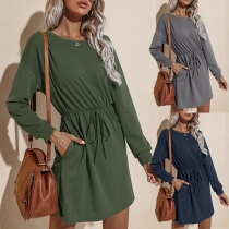 Simple Style Long Sleeve Round Neck Drawstring Waist Solid Color Dress