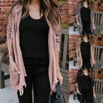 Fashion Solid Color Long Sleeve Frayed Hem Hooded Knit Cardigan