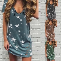 Chic Style Short Sleeve V-neck Star Printed Ripped T-shirt Dress