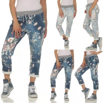 Fashion Drawstring Elastic Waist Printed Jeans