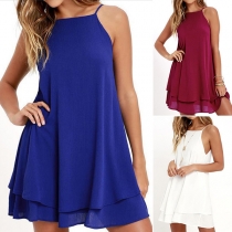 Sexy Backless Solid Color Dual-layer Hem Loose Sling Dress